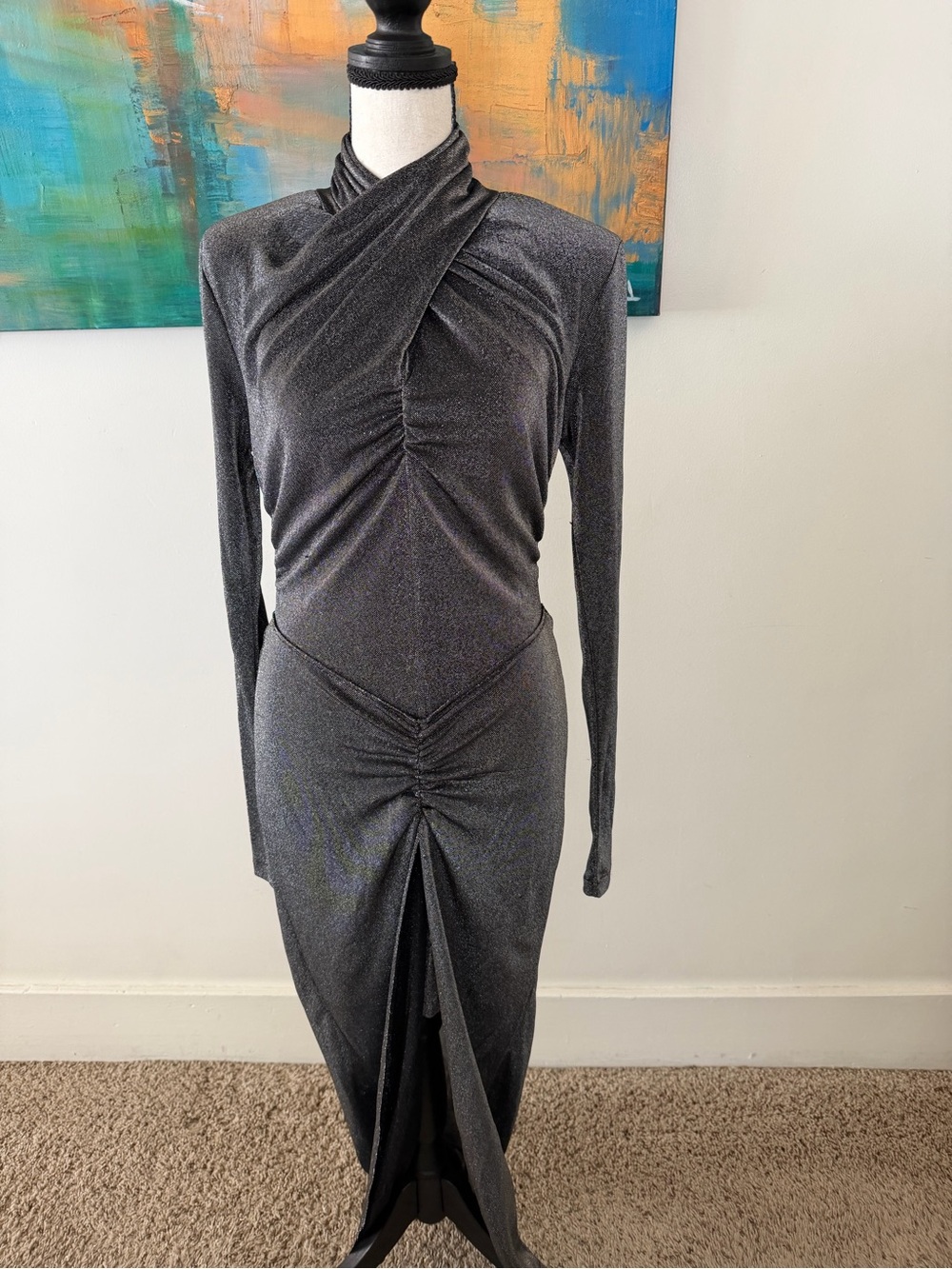 All Saints Silver Metallic Ayla High Neck Maxi Modern Party Dress 6 - Picture 5 of 14